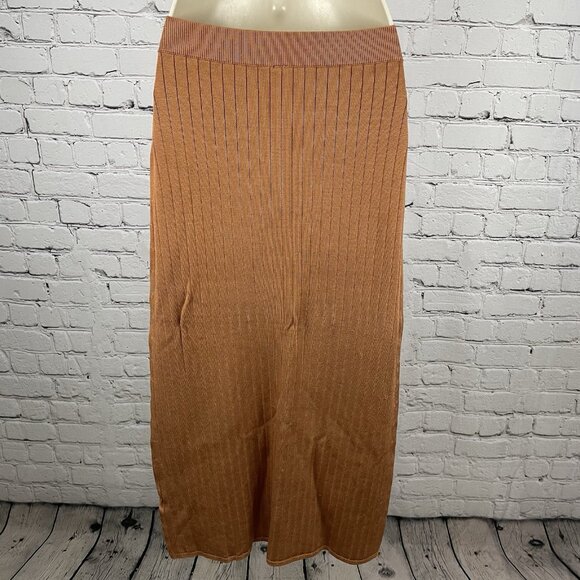 Free People Brown Ribbed Knit Stretch Boho Midi Straight Skirt Size Medium M - Picture 2 of 9
